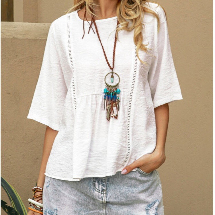 2026 Spring/Summer Amazon Temu European and American Cross-Border Lace Hollow-Out Women's Cotton-Linen Casual Solid Color Mid-Sleeve Shirt