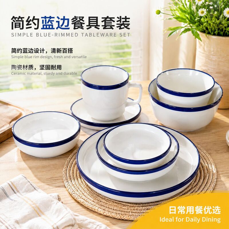 Enamel-effect ceramic tableware set for home use, including bowls, plates, and cups, with a simple and retro design, featuring round plates, soup bowls, and coffee mugs