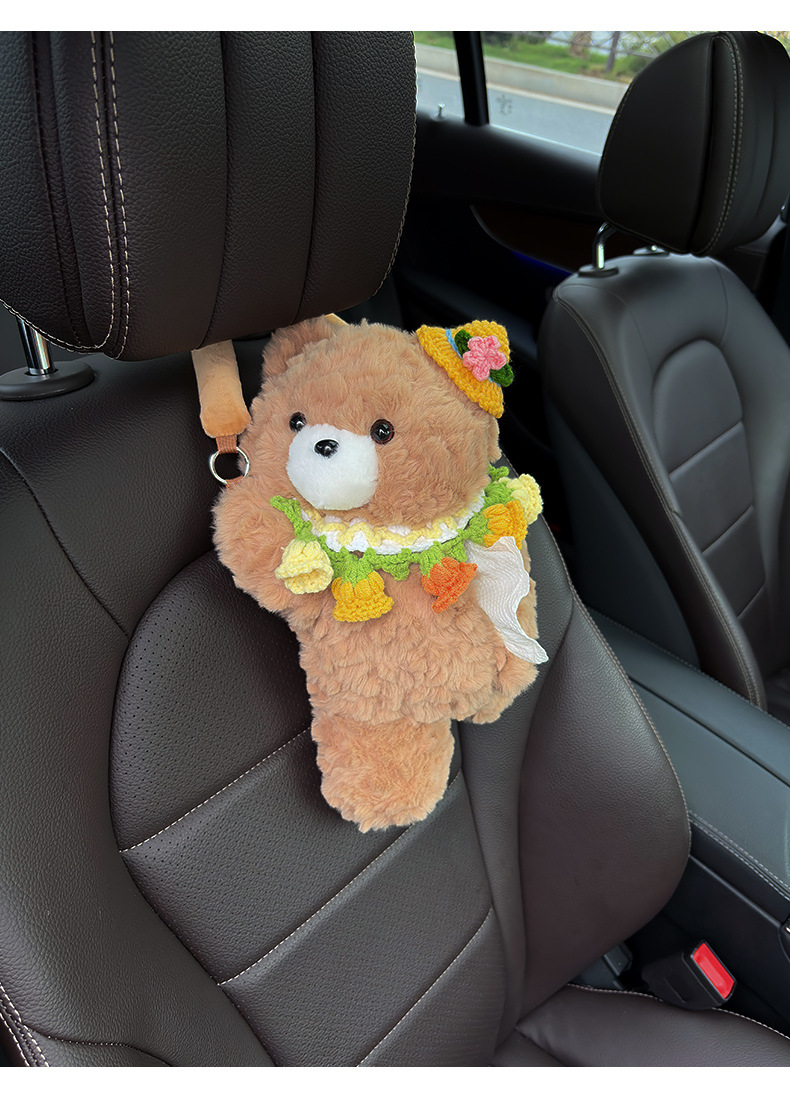 Cartoon Bear Car Tissue Box Hanging Car Cute High-End Plush Doll Female Car Seat Back Paper Box