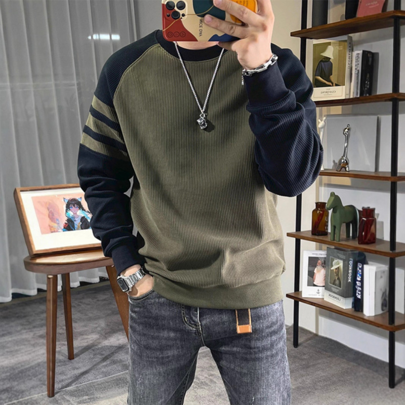 Inner Layer with Contrasting Color Round Neck Pullover Base Shirt, Patchwork Raglan Long-Sleeve Sweatshirt for Men, Spring and Autumn Couple Style, Retro Fashion Inner Layer with Contrasting Color Round Neck Pullover Base Shirt, Patchwork Raglan Long-Sleeve Sweatshirt for Men, Spring and Autumn Couple Style, Retro Fashion