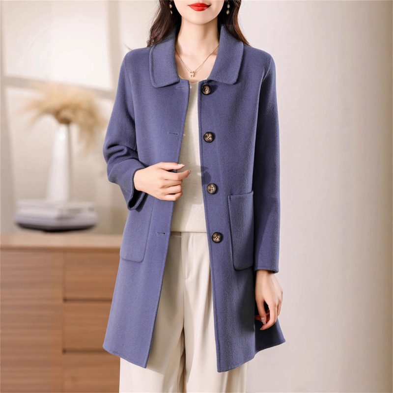 Autumn and Winter New Women's Double-Sided Nylon Coat Lapel Solid Color Wool Coat Mid-Length Woolen Coat Top Wholesale