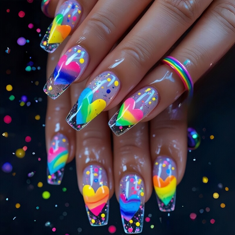 Press-On Fake Nail Patches, Long Ballet Nails, Colorful Heart Ice-Transparent Pattern Nail Patches, Spring Press-On Fake Nail Patches, Long Ballet Nails, Colorful Heart Ice-Transparent Pattern Nail Patches, Spring