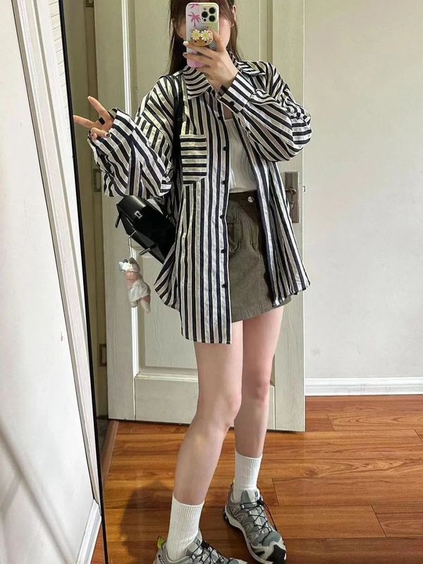 宽松外套休闲衬衣黑白条纹衬衫女慵懒风小个子春秋防晒长袖上衣|undefined