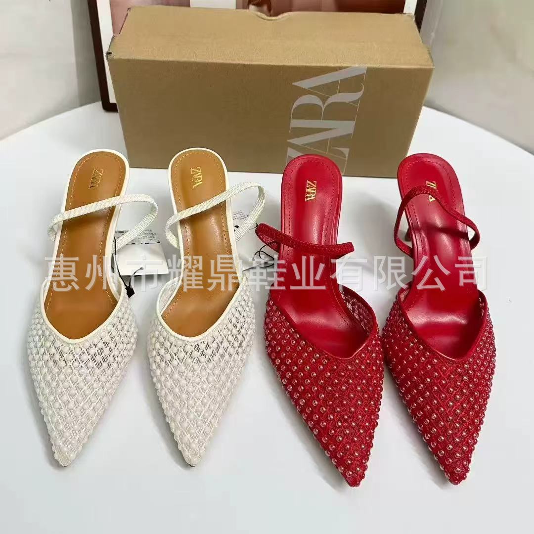 Za Spain 2025 Summer New Shallow Peep-Toe Sandals with Thin High Heels, Bead Back Strap, Pointed Toe Women's Shoes