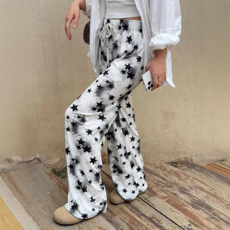 New Chinese Style Summer Thin Ink Tie-Dye Butterfly Star Ice Silk Wide-Leg Casual Versatile High-Waisted Straight Pants