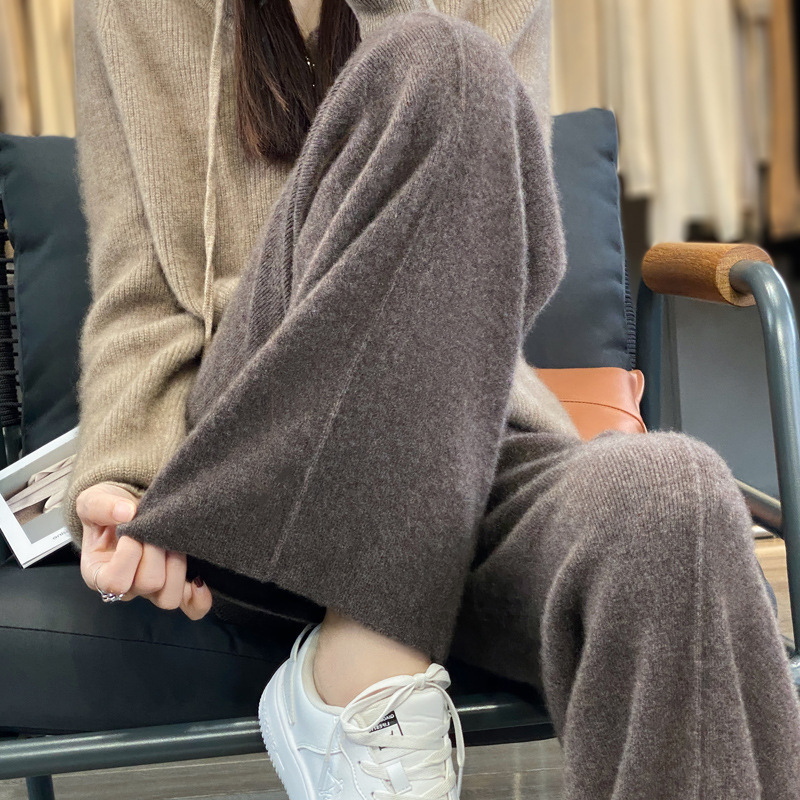 纯羊毛针织裤女阔腿裤秋冬加厚休闲长裤高腰外穿直筒裤子|undefined