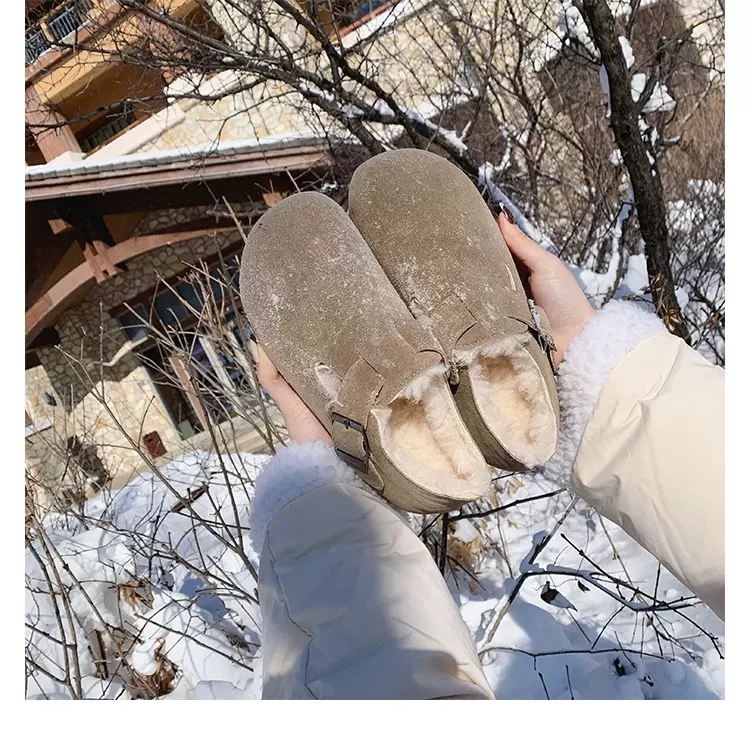 单鞋女2022年冬季真皮加绒日常百搭保暖厚底皮毛大头毛毛勃肯鞋女