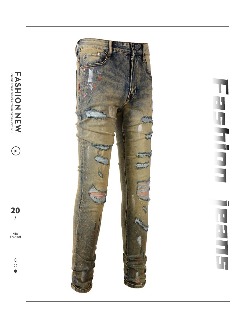 Men's Clothing New Men's High Street Jeans Men's Ink Splash Graffiti Trendy Brand Slim Fit High end Ripped Skinny Jeans_voghion.com