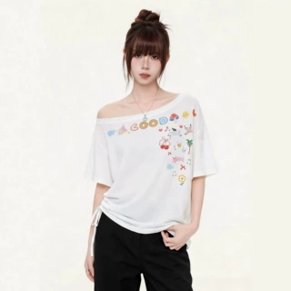 季优 莱赛尔斜肩露肩短袖T恤女夏季卡通印花不规则设计感辣妹上衣