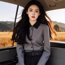 洋气独特别致上衣2025春季女小衫高级感Polo领正肩长袖超好看衬衫