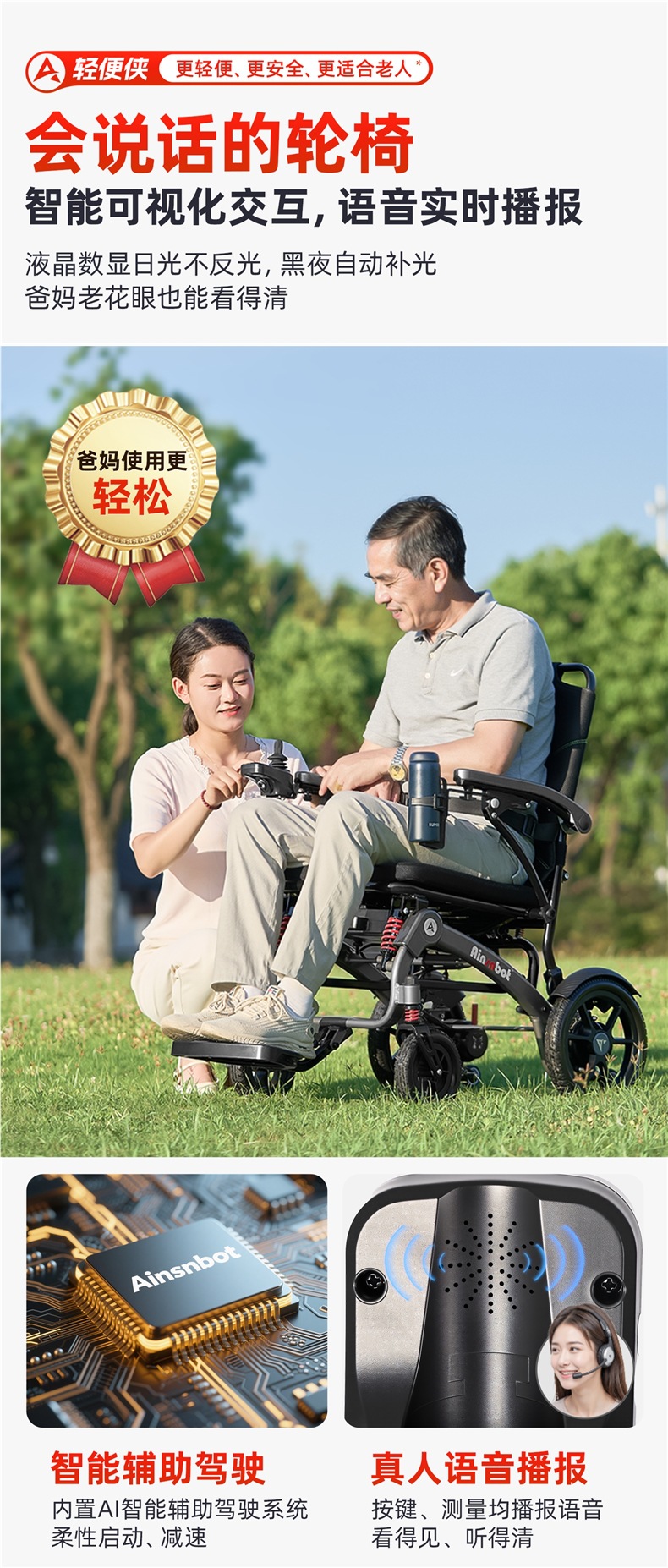Ainsnbot Electric Wheelchair Smart Lightweight Foldableing Small Automatic Transportation for the Elderly Government Subsidy