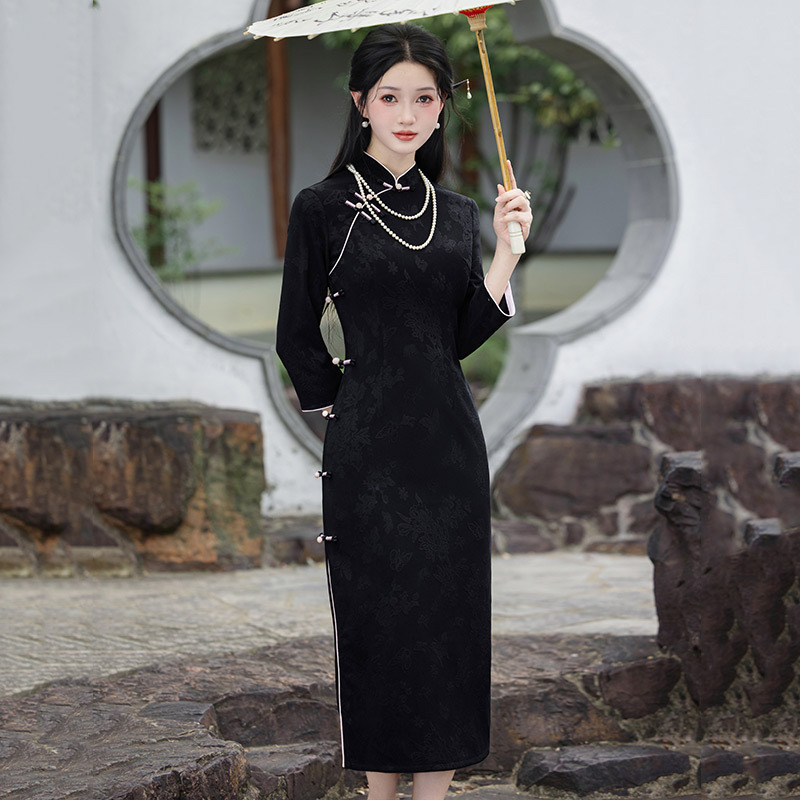 红色国风中式苏州长款秋季长袖旗袍改良年轻款女复古修身收腰春秋|undefined