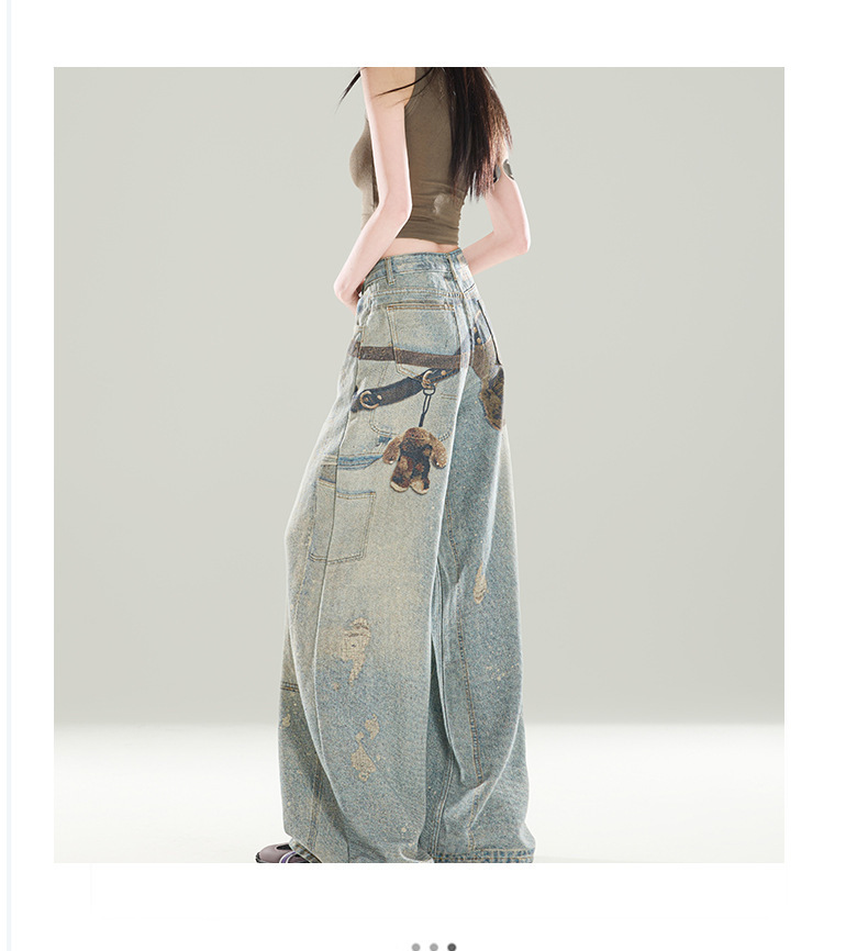 Men's Vintage Washed Print Jeans Hip-Hop Straight-Leg Loose Fit Denim Blue Breathable Polyester Blend S-3XL_mkmklike.com