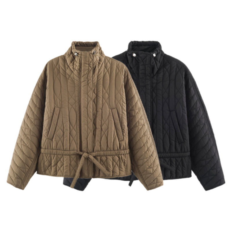 Qadın uzunqol pambıq jaket, dik yaxalı, bağcıqlı
