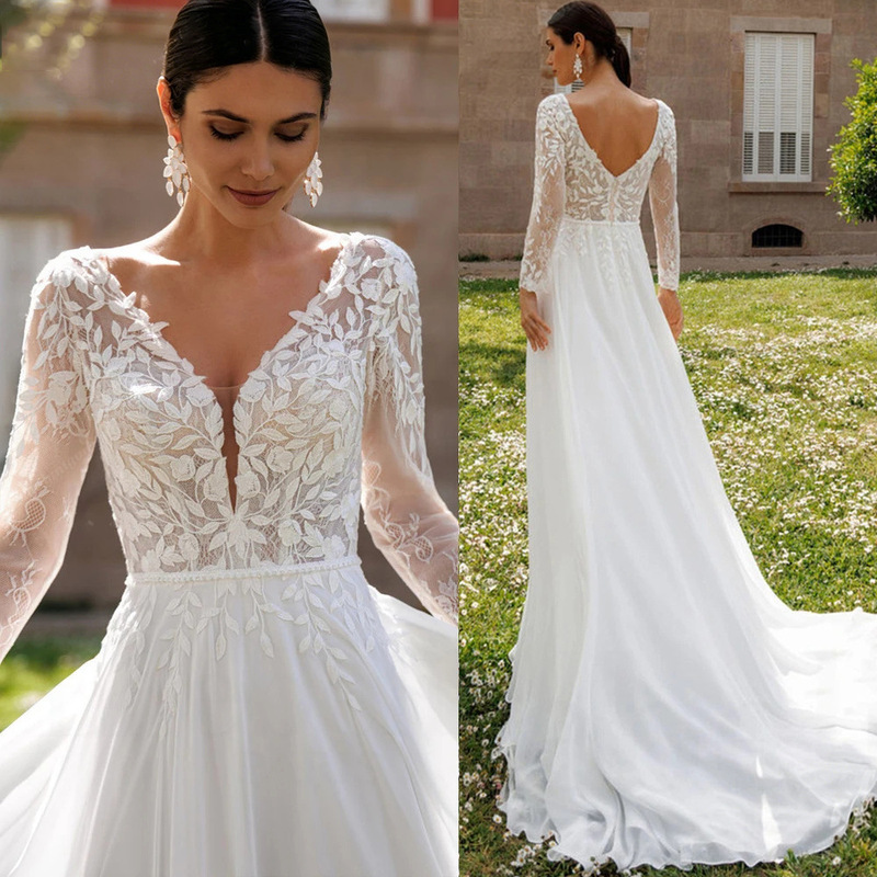 2026 New Style Light Wedding Dress for Women with a Train, Solid Color, Long Sleeves, Backless, High-End Luxury Bridal Main Wedding Dress for Reception and Party 2026 New Style Light Wedding Dress for Women with a Train, Solid Color, Long Sleeves, Backless, High-End Luxury Bridal Main Wedding Dress for Reception and Party