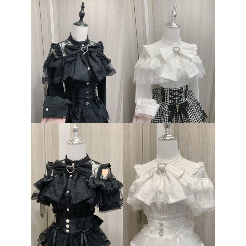 Japanese-Style Bow-Knot Shirt, Subculture Cute Color Lace Long-Sleeve and Short-Sleeve Shirt