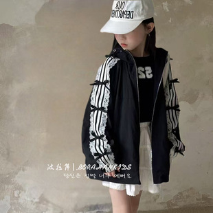 Girls' Bow Outwear Kidsren's Spring Clothing 2025 New Little Girl's Outwear Korean Style Hooded Zipper Jacket Trendy