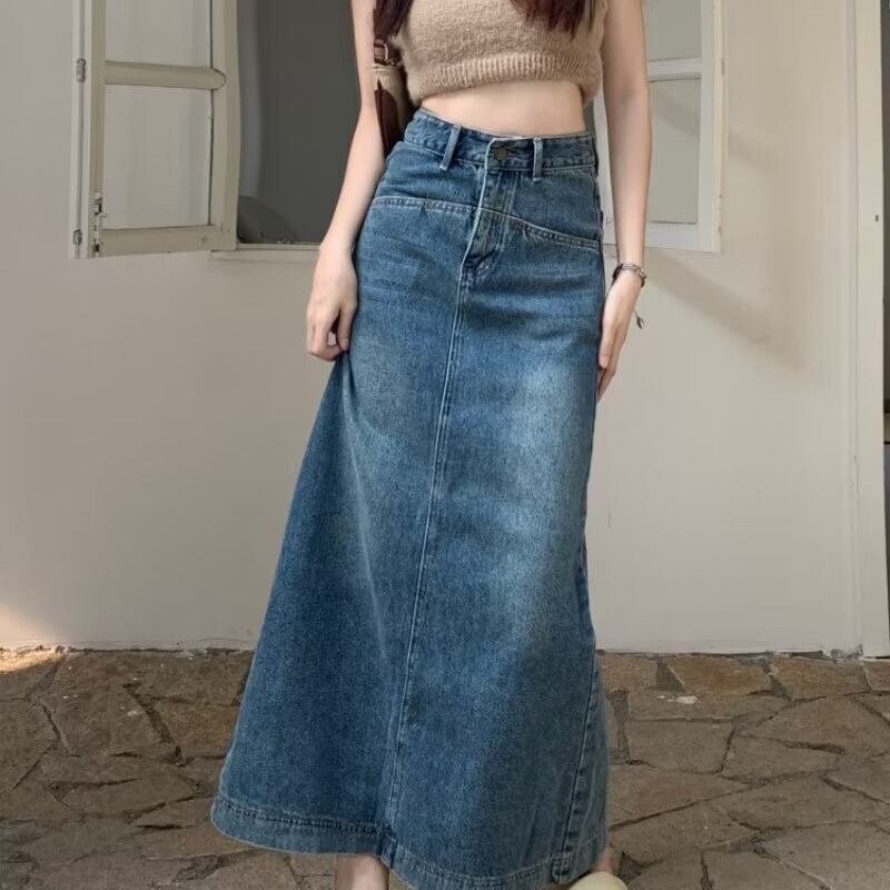 2025 Spring and Autumn New Denim Skirt Women's Large Size Western Style High Waist Slim Design Back Slit A-Line Long Skirt