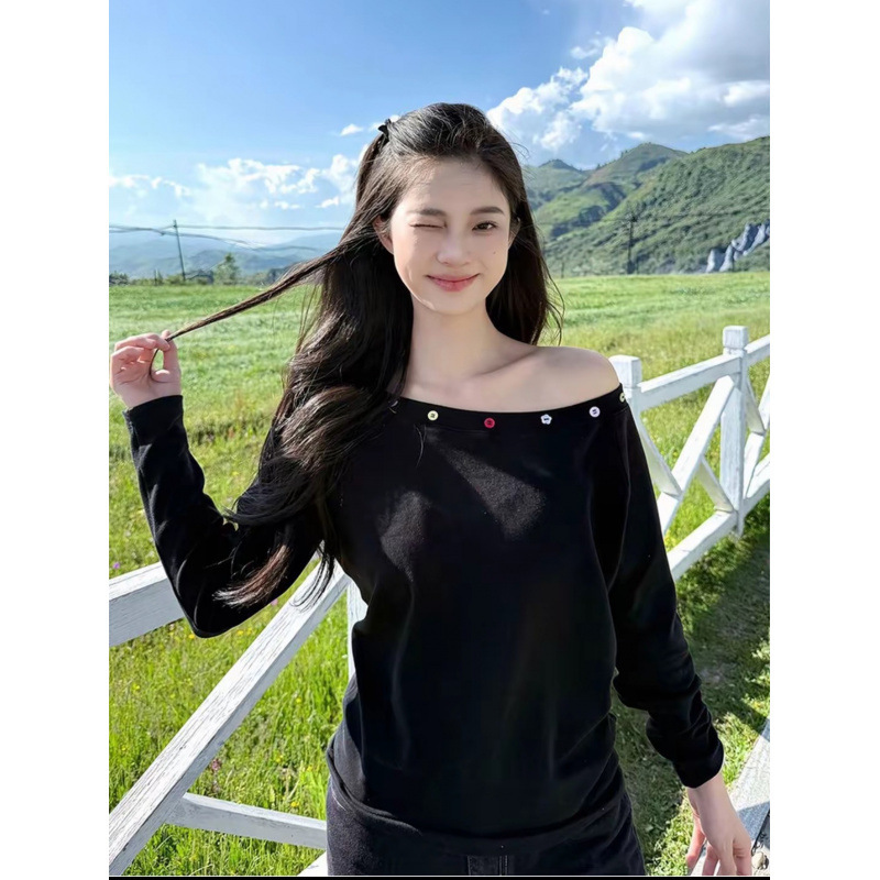 美式复古黑色斜肩长袖t恤女2025新款设计感修身显瘦辣妹露肩上衣|undefined