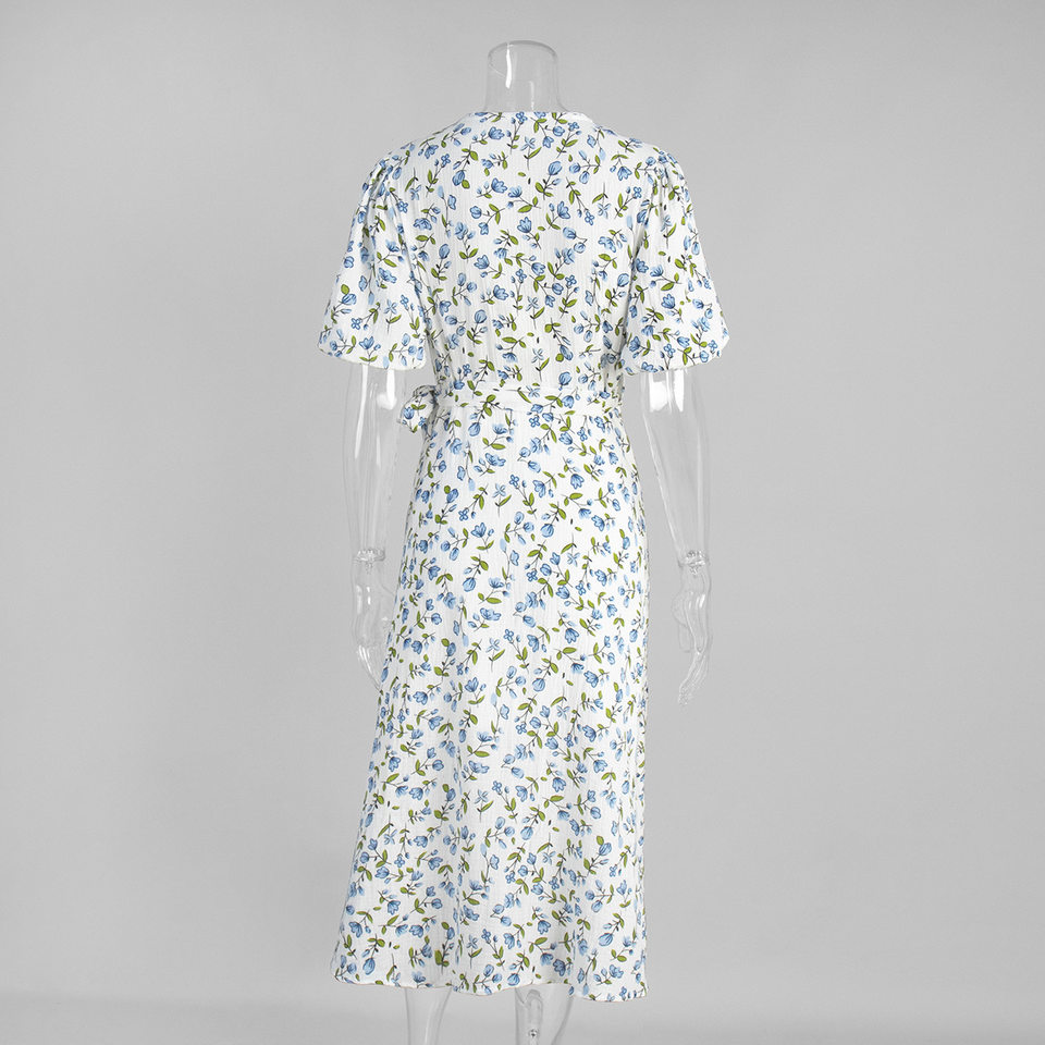 Đầm liền cotton in hoa cổ chữ V tay bồng buộc dây lưng cao — Hoa oải hương, Hoa tulip màu hồng, Màu be, Màu hồng chi tiết 12