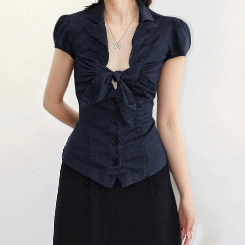 Элегантная универсальная рубашка в студенческом стиле с завязкой на талии, утягивающая рубашка, сексуальный топ на пуговицах с глубоким вырезом