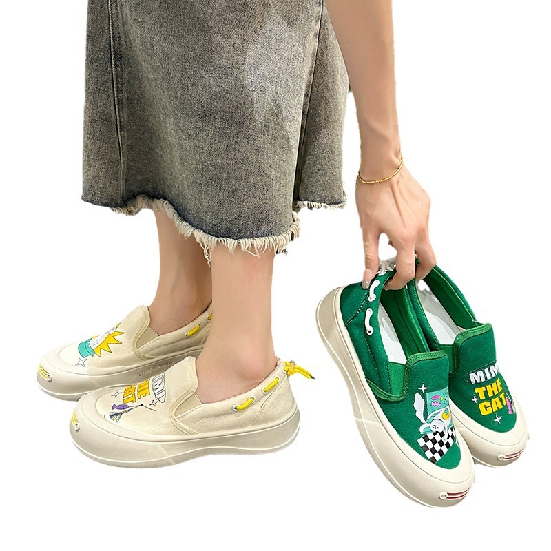 Buty damskie Okrągłe noski graffiti wsuwane buty codzienne dla kobiet 2024 lato nowe płócienne buty w stylu handlu zagranicznego modne_voghion.com