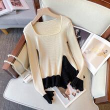 喇叭袖长袖不规则毛衣针织衫2025秋冬修身显瘦法式方领拼接上衣女