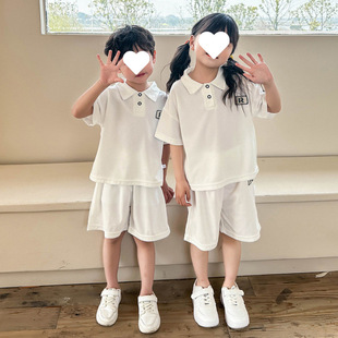 Summer Children's Suit Stylish Boys and Girls Casual Sports Big Kids Short-Sleeve Waffle Trendy Polo Shirt Performance Outfit