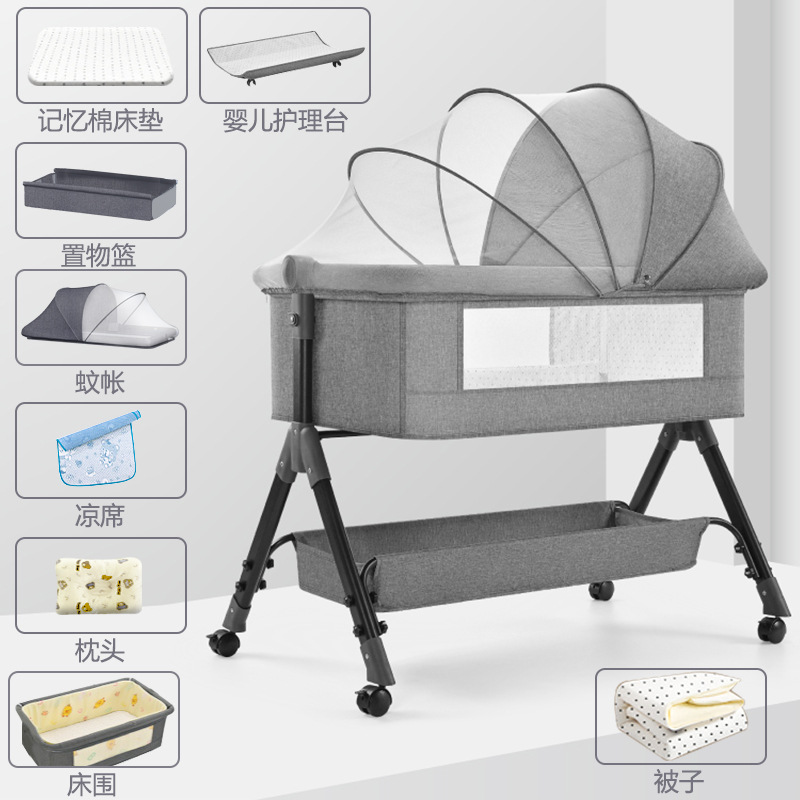 Cuna de bebé Cama lateral Cama de recién nacido Cama grande de costura Cama de cuna para bebé Cama para niños Multifuncional móvil plegable