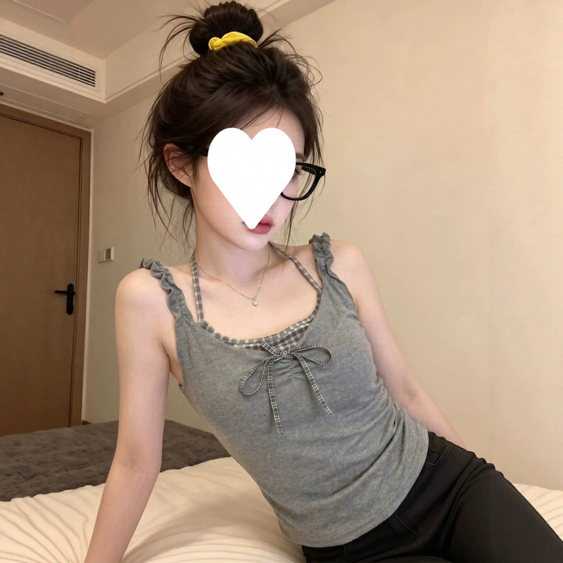 Korean-Style Plaid Patchwork Faux Two-Piece Bowknot Camisole for Women, Super Trendy in Summer, Age-Reducing and Stylish Sleeveless Top Korean-Style Plaid Patchwork Faux Two-Piece Bowknot Camisole for Women, Super Trendy in Summer, Age-Reducing and Stylish Sleeveless Top