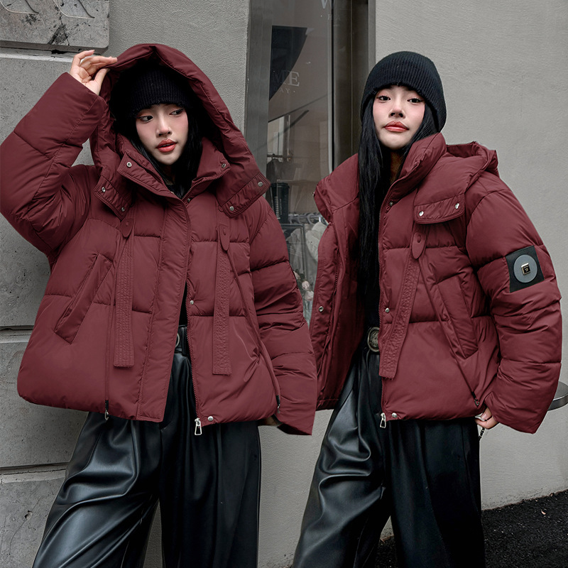 Europa americana ropa de algodón corta mujer invierno 2025 nuevo estilo de moda con capuzas curry grueso chaqueta de algodón