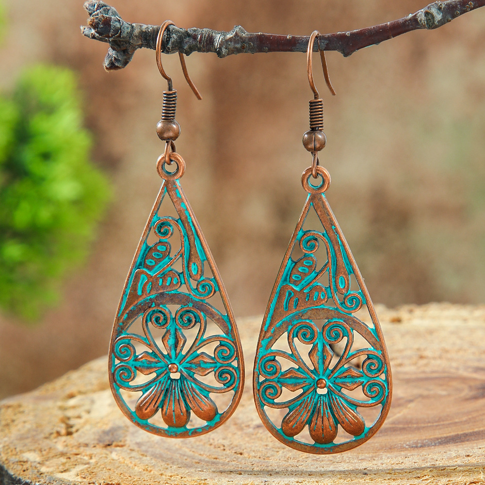 Cross-Border Hot-Selling Metal Earrings Wholesale Bohemian Style Hollow Earrings Retro Distressed Alloy Earrings