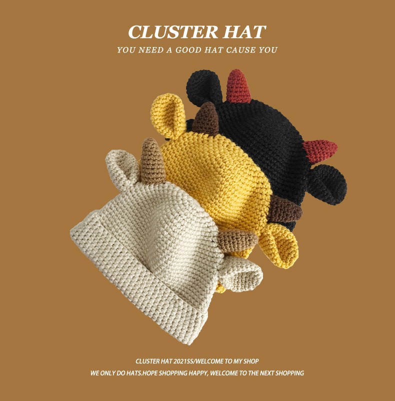 New Japanese Cute and Versatile Student Cow Horn Ear Woolen Hat Women's Autumn and Winter Pure Handmade Knitted Headband Hat Trend_voghion.com