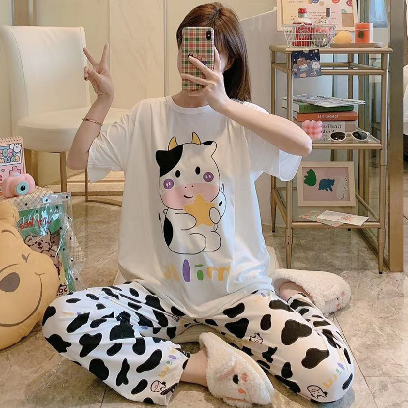 睡衣女春秋款5XL码新款短袖长裤女士印花可爱可外穿家居服套装|undefined