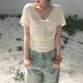 AOMALM少也眼"呼吸间的白"%韩系短袖通勤T恤女夏收腰短款V领上衣