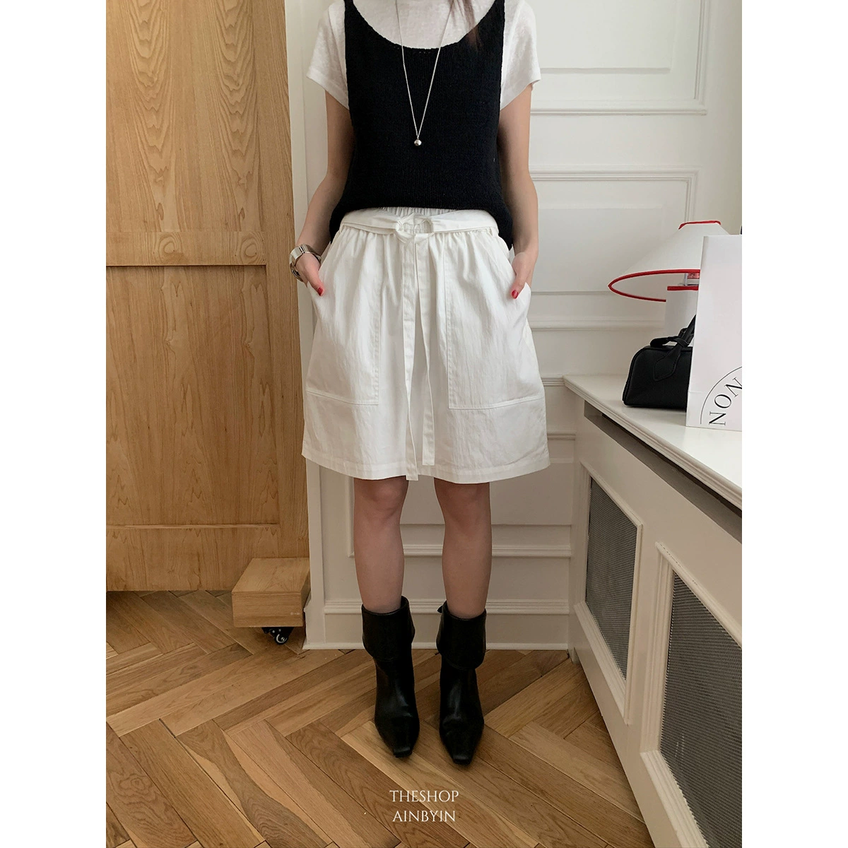Yi Eun Oinbyin корейская шнуровка, эласткая талия, белая юбка, женская весенняя одежда, маленькая тонкая юбка