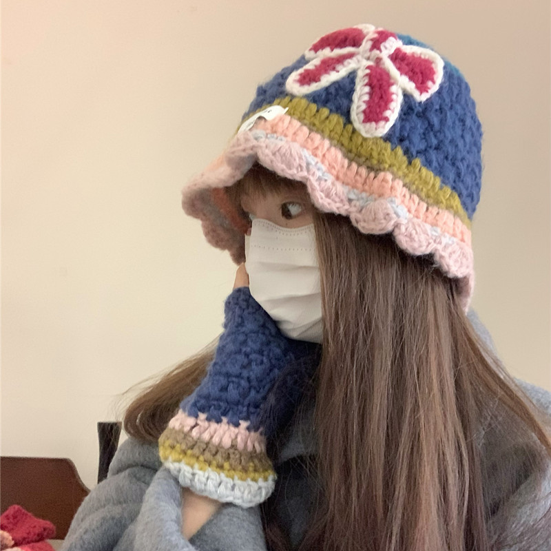 colorful Floral Knit Fisherman's Hat, Suitable For Women, For Autumn And Winter, Sweet Bucket Hat, Suitable For Large Head Shapes._voghion.com