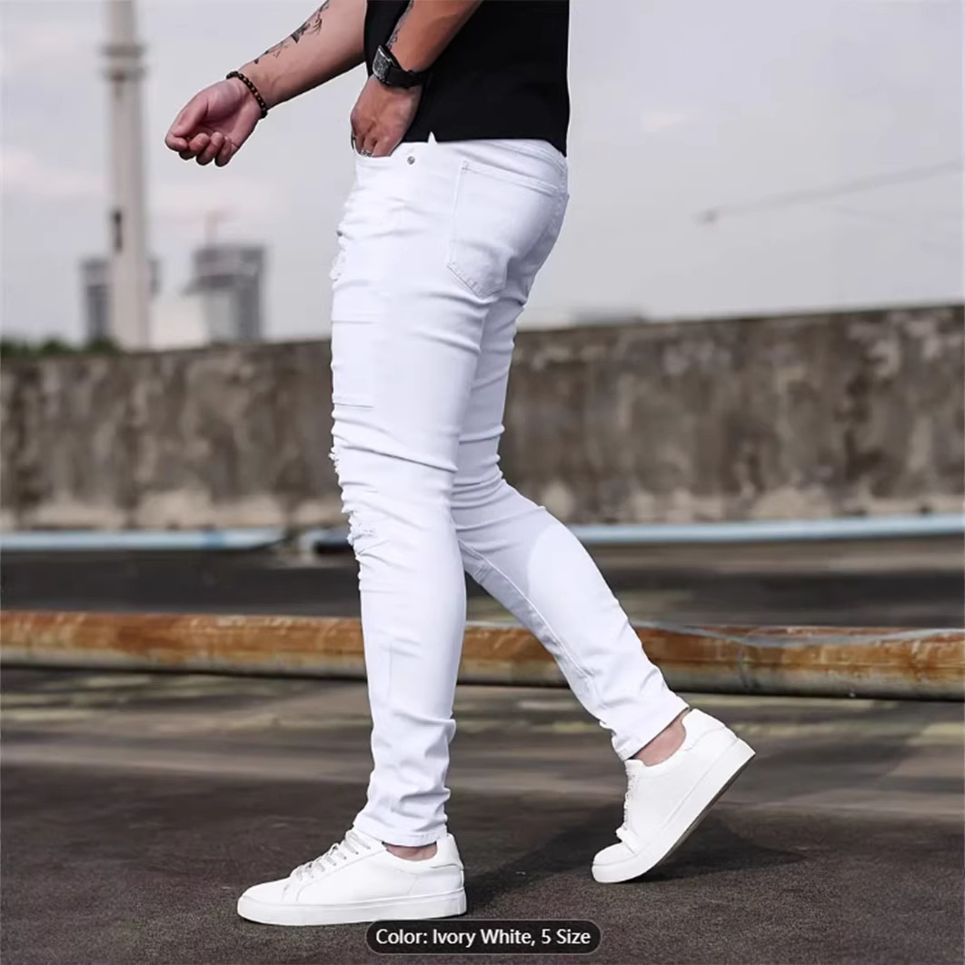 Vaqueros ajustados elásticos de High Street para hombre, vaqueros ajustados casuales, blancos, cómodos, de tela elástica._voghion.com
