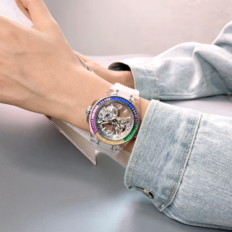 Fully Automatic Mechanical Watch with Hollow Large Dial, Unisex Trendy Fashion Live Broadcast Women's Watch, Internet Celebrity Big Brand Same Style Rubber Strap