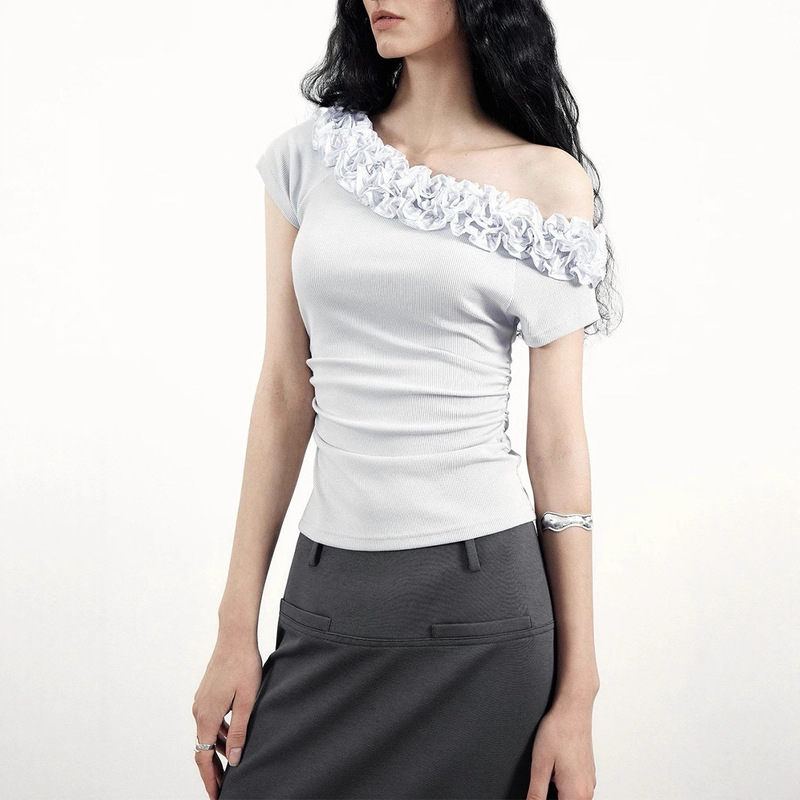 In Modo Divesro Original Niche Design Multi-Layered Lace Off-Shoulder T-Shirt Women's New Short-Sleeved Top Cotton In Modo Divesro Original Niche Design Multi-Layered Lace Off-Shoulder T-Shirt Women's New Short-Sleeved Top Cotton