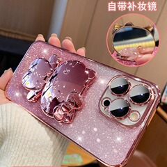 適用iPhone15手機殼新款漸變閃粉貓咪鏡子13蘋果14Promax硅膠支架