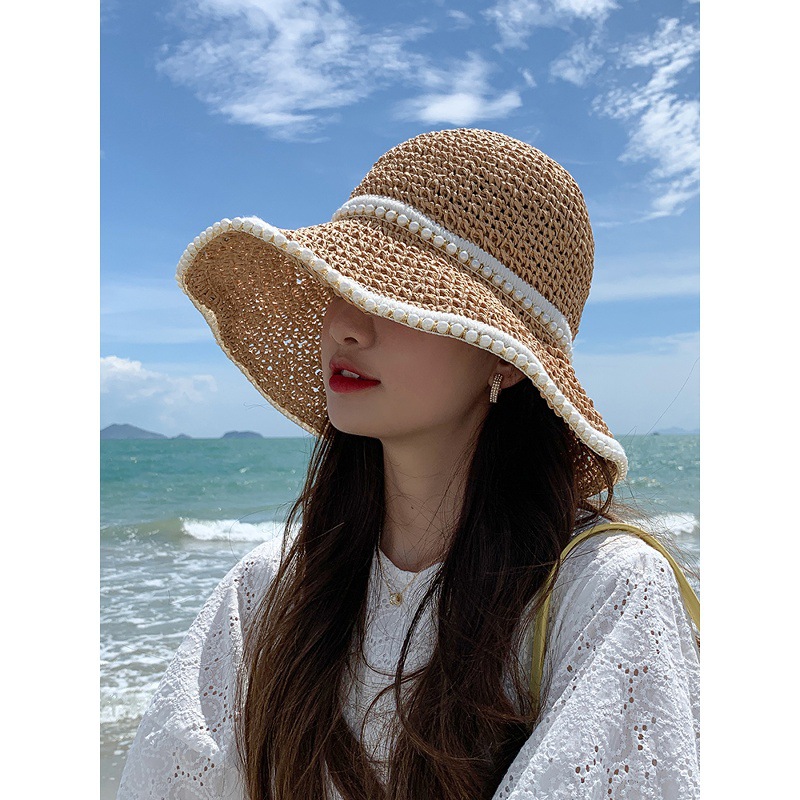Hepburn Style Straw Sun Hat For Women Pearl Woven Beach Visor_voghion.com