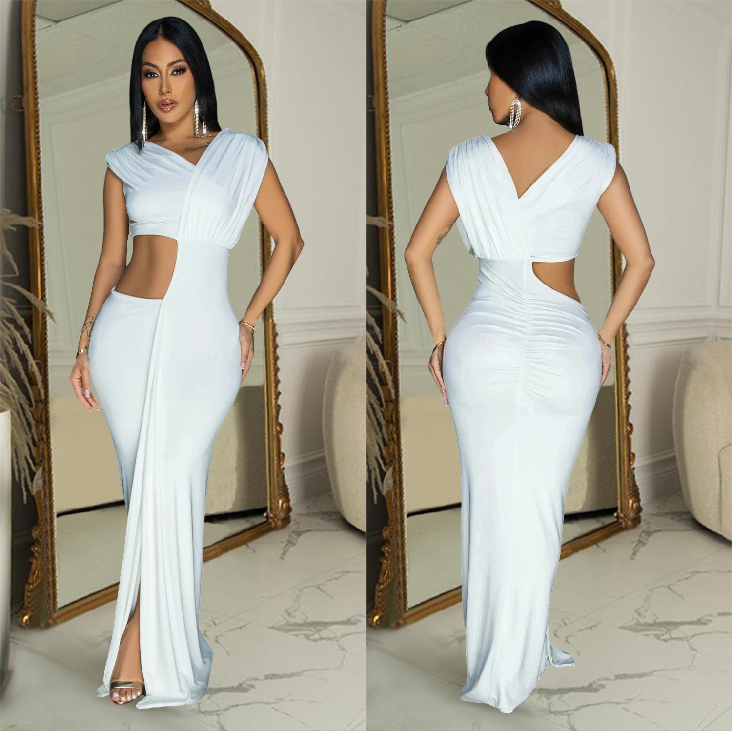 C7061 Aliexpress transfronterizo Amazon estación independiente de moda europea y americana ropa de mujer sin mangas de color sólido vestido en V profundo nuevo image 5