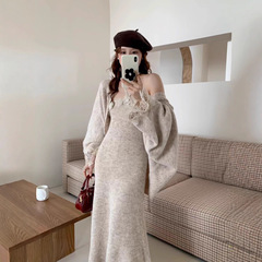 法式气质蕾丝拼接针织开衫+挂脖立体花朵长裙两件套女2025秋季新