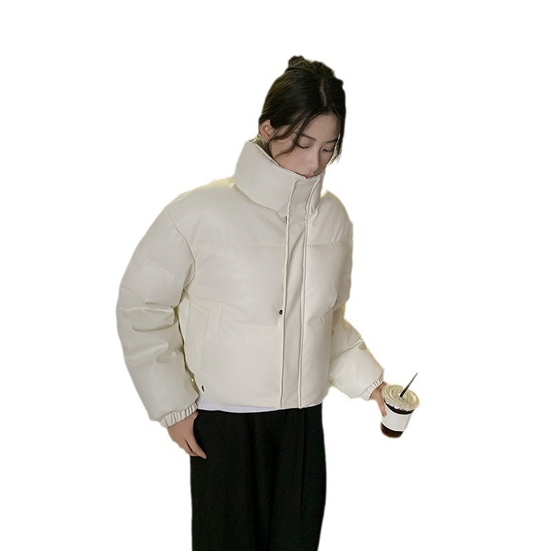 中欧美新短款2024小个子立领羽绒棉服女PU皮加厚棉袄棉衣外套潮流|undefined