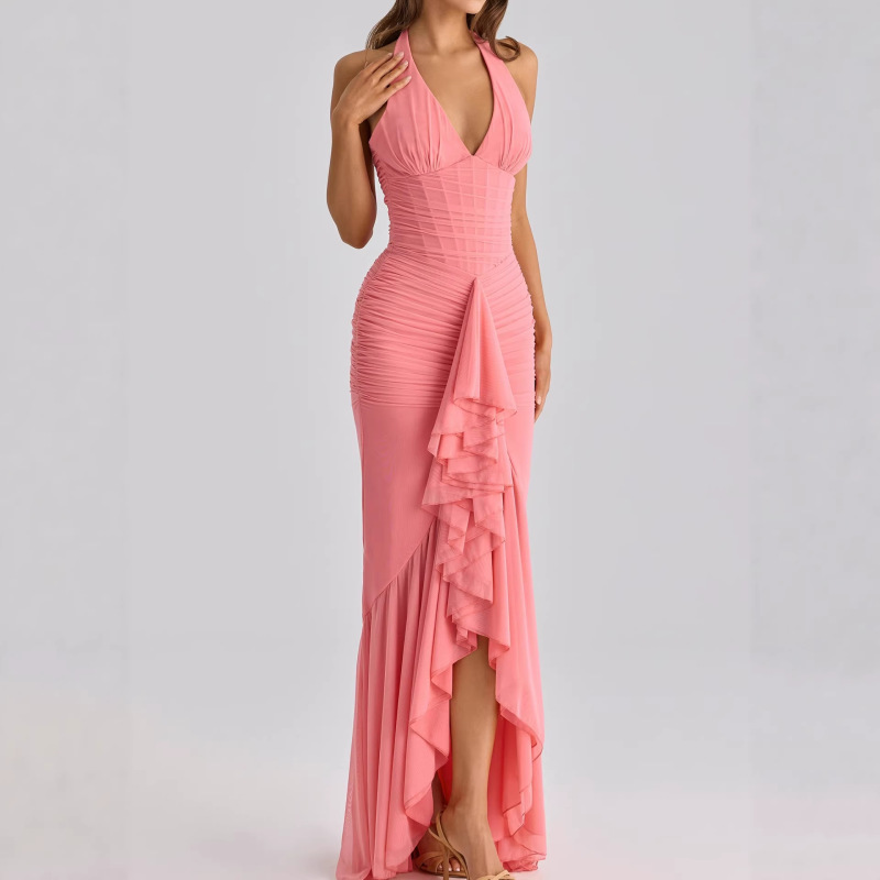 2026 Spring European and American Cross-Border New Style Halter Neck Ruched Irregular Ruffle Slim Fit Dress Mesh Gown