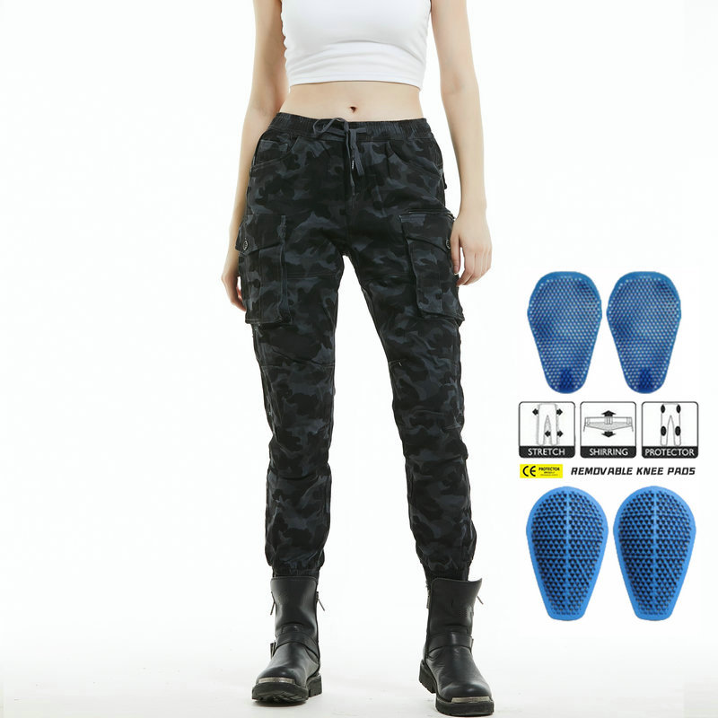 VOLERO motocicleta jeans Mujer tobillo atado camuflaje multi-bolsa ropa de trabajo motocicleta montar pantalones anti-caída equipo de protección de silicona