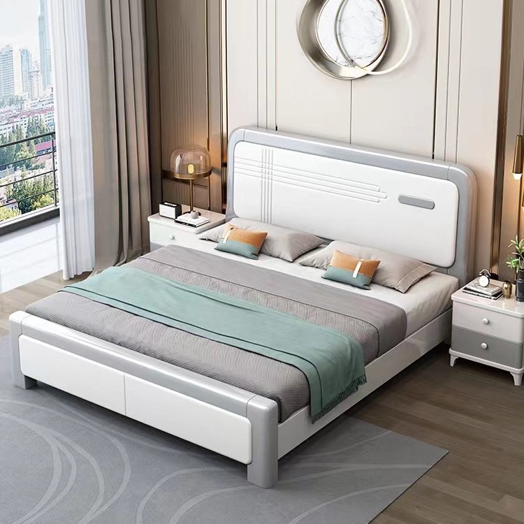 Modern Simple Solid Wooden Bed 1.8 m Master Bedroom Double Bed 1.5M Single Economical High Box Storage Big Bed Single Bed
