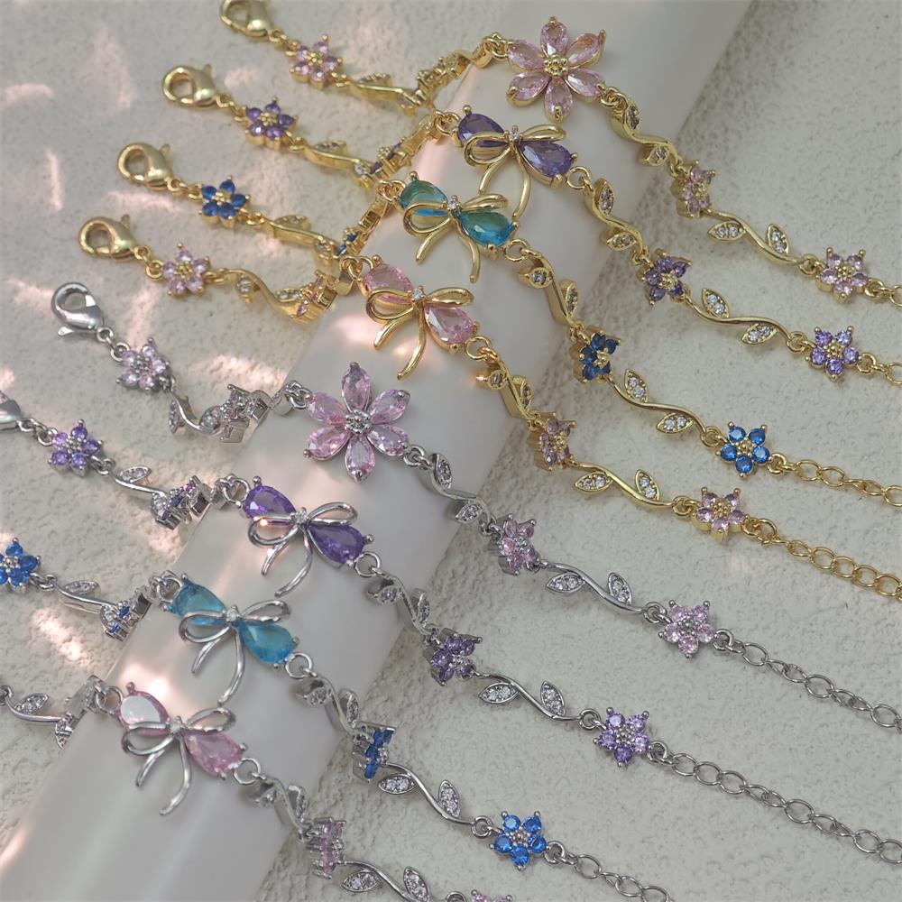 Copper Chain Material 1 Piece Quantity Wholesale Jewelry Elegant Leaf Flower Bow Knot Copper Zircon Bracelets