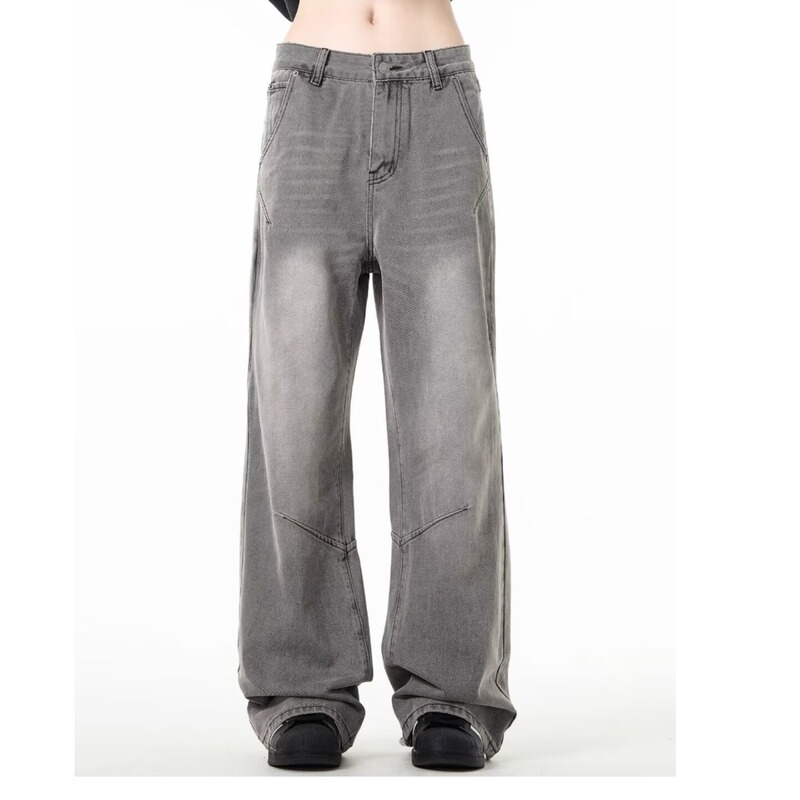 Denim Smoke Gray Wide-Leg Jeans Ins High Street American Trendy Washed Zipper Ins Spring & Fall Teenagers Micro-Elastic